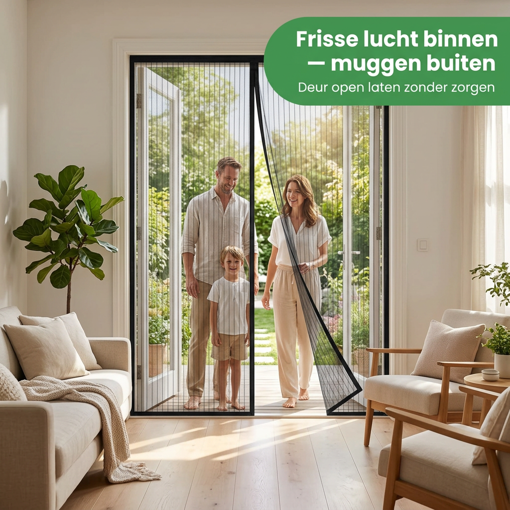 Svart insektsnät i en öppen dörr mellan hemmet och uteplatsen