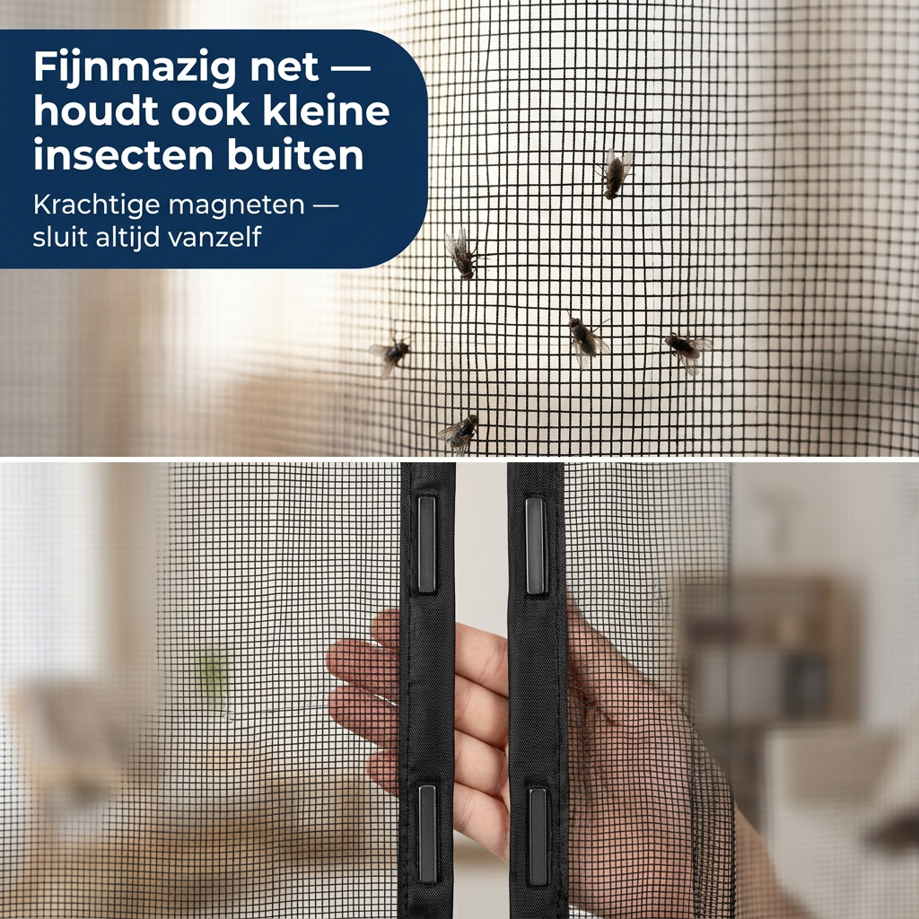 Svart insektsnät i en öppen dörr mellan hemmet och uteplatsen