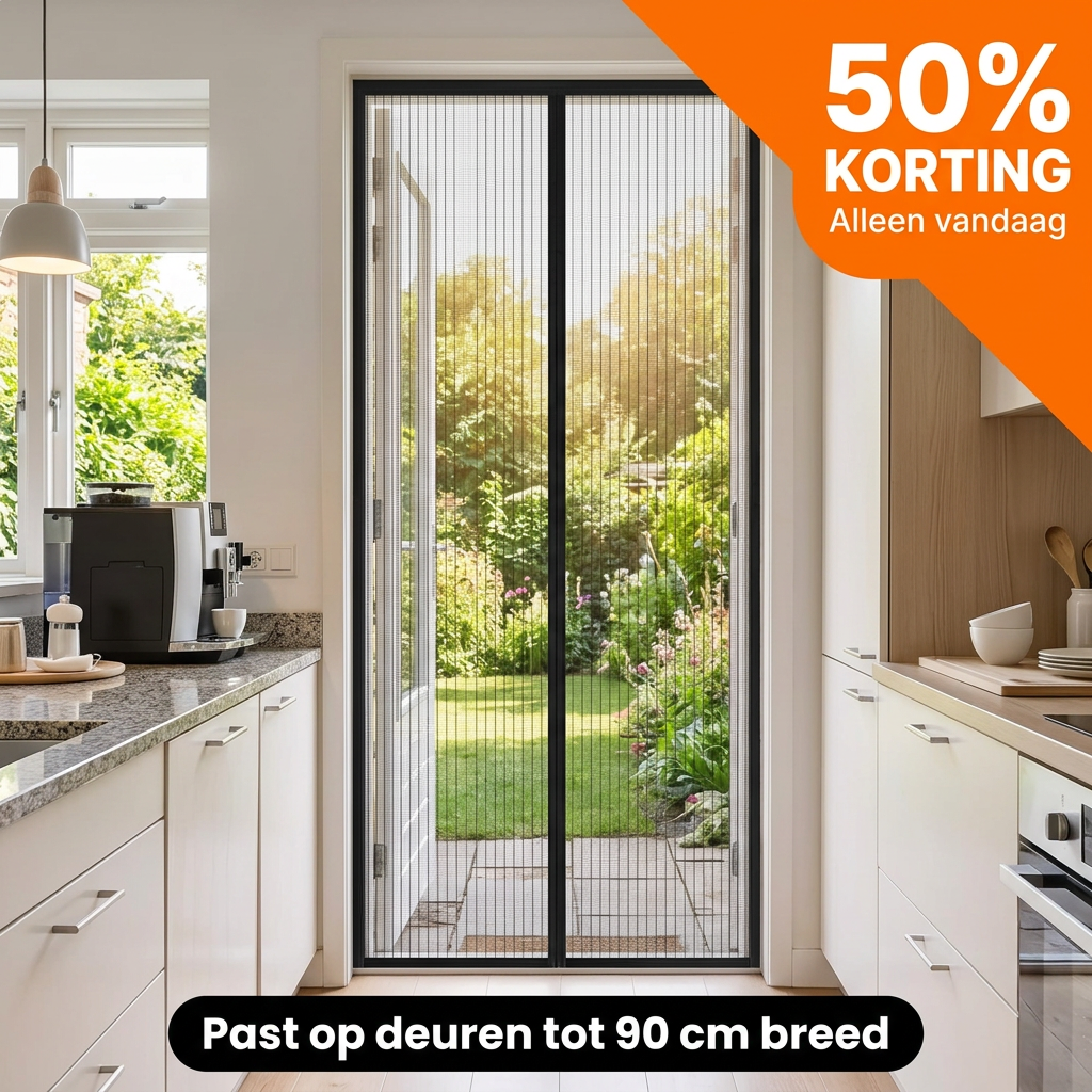 Svart insektsnät i en öppen dörr mellan hemmet och uteplatsen