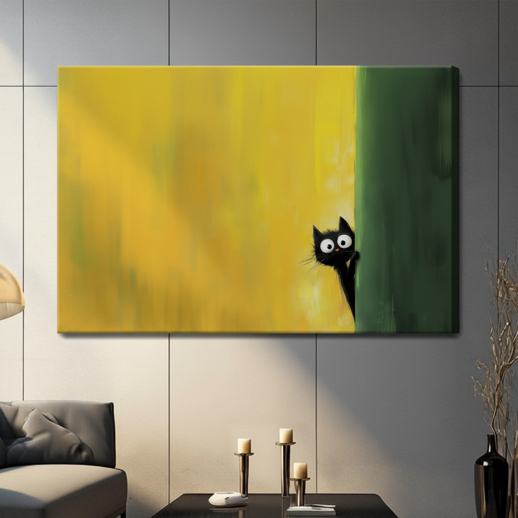 Canvasväggtavla med nyfiken svart katt mot gul och grön bakgrund