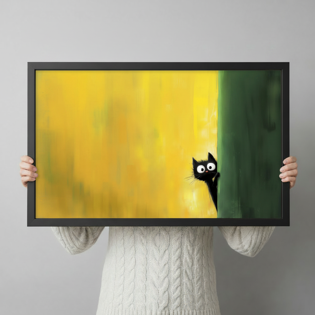 Canvasväggtavla med nyfiken svart katt mot gul och grön bakgrund