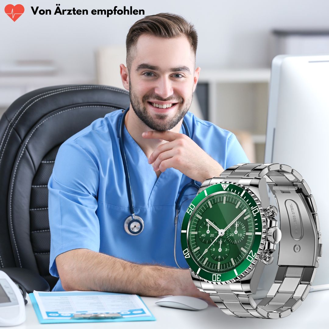 Smartklocka med rund urtavla och metallarmband