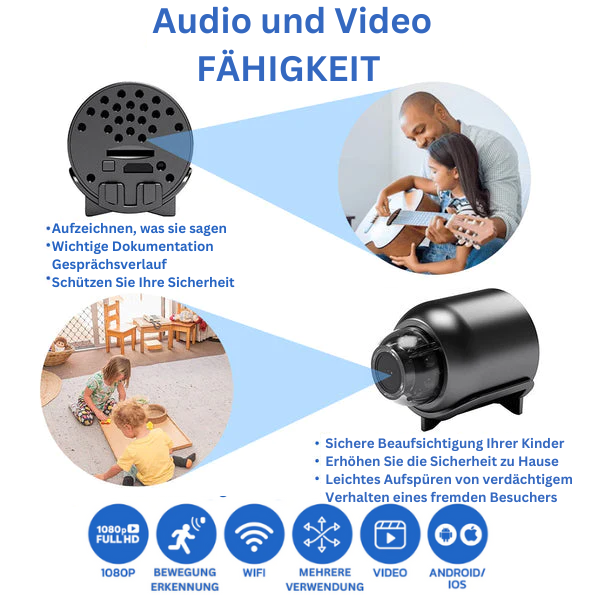 Kompakt svart Full HD-kamera med objektiv och wifi för barnövervakning