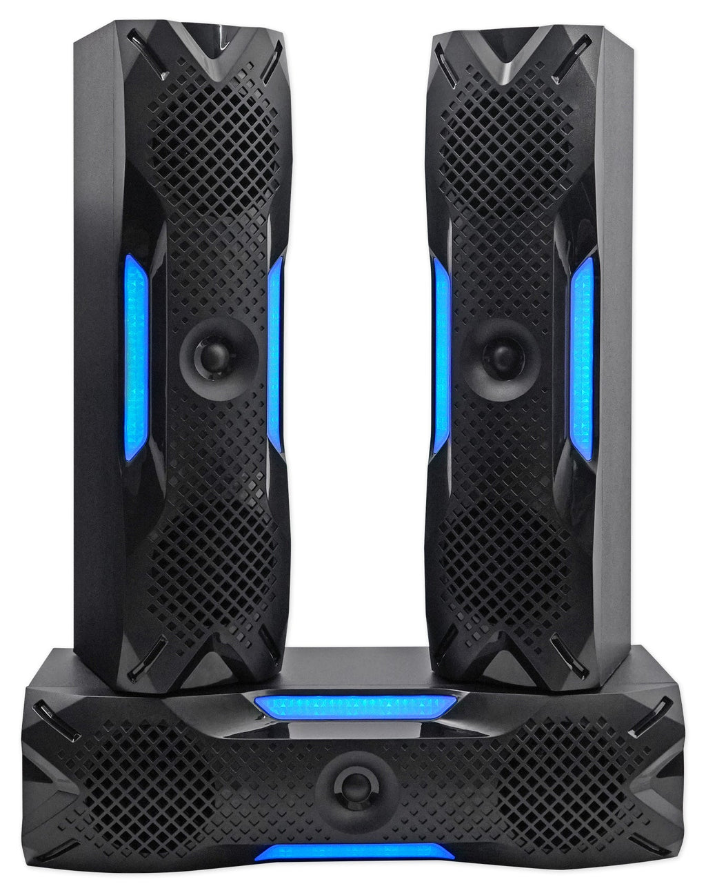 Svart hemmabiosystem med subwoofer, flera högtalare, blå belysning och fjärrkontroll