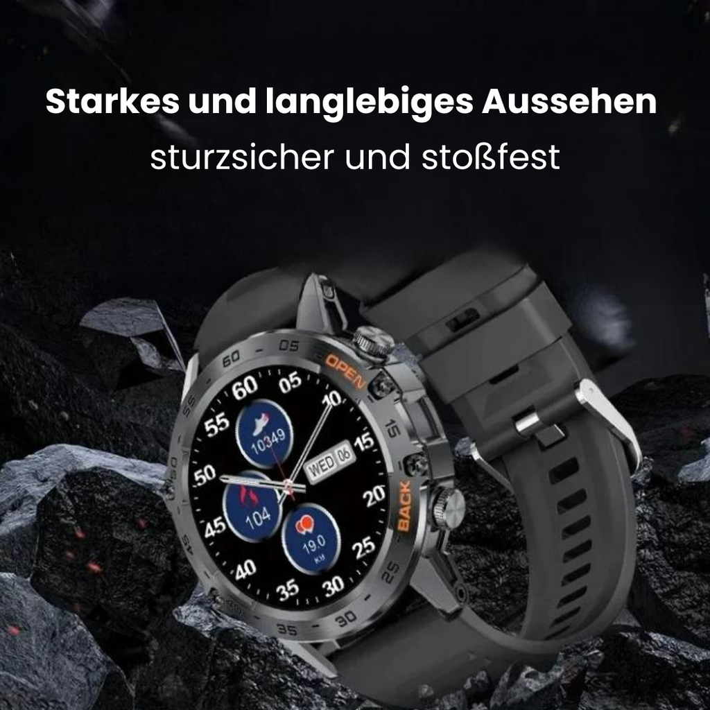Smartklocka med rund digital display, robust boett och silikonarmband