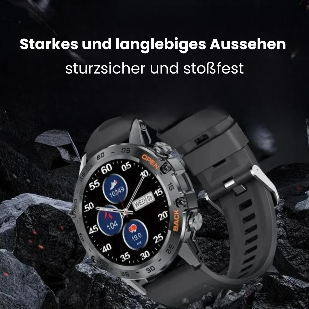 Smartklocka med rund digital display, robust boett och silikonarmband