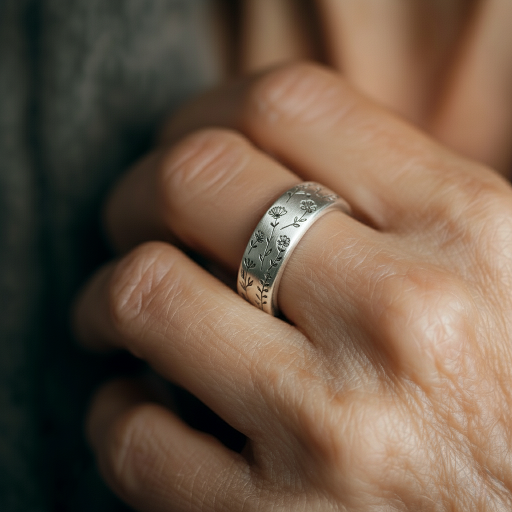 Silverfärgad ring med graverade blommotiv och text på insidan