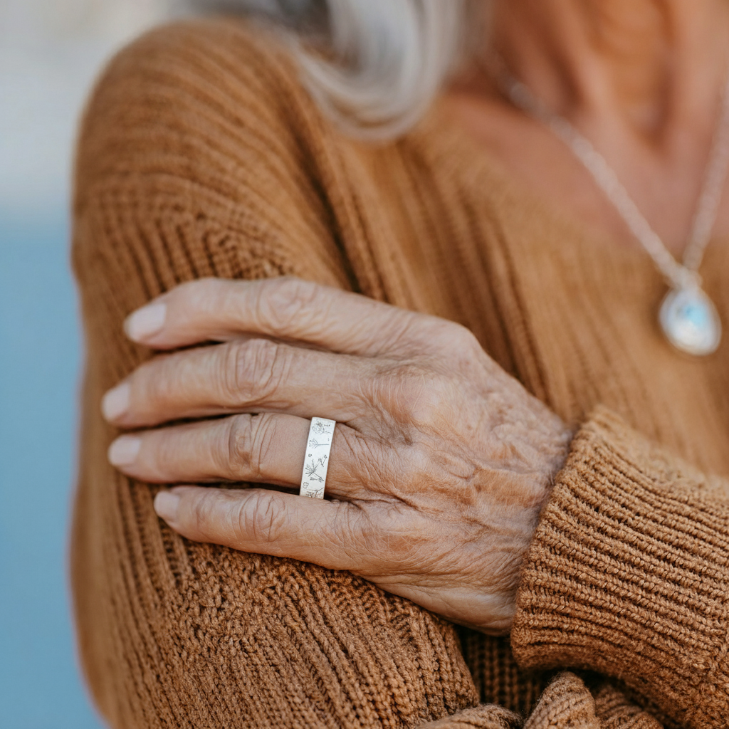 Silverfärgad ring med graverade blommotiv och text på insidan