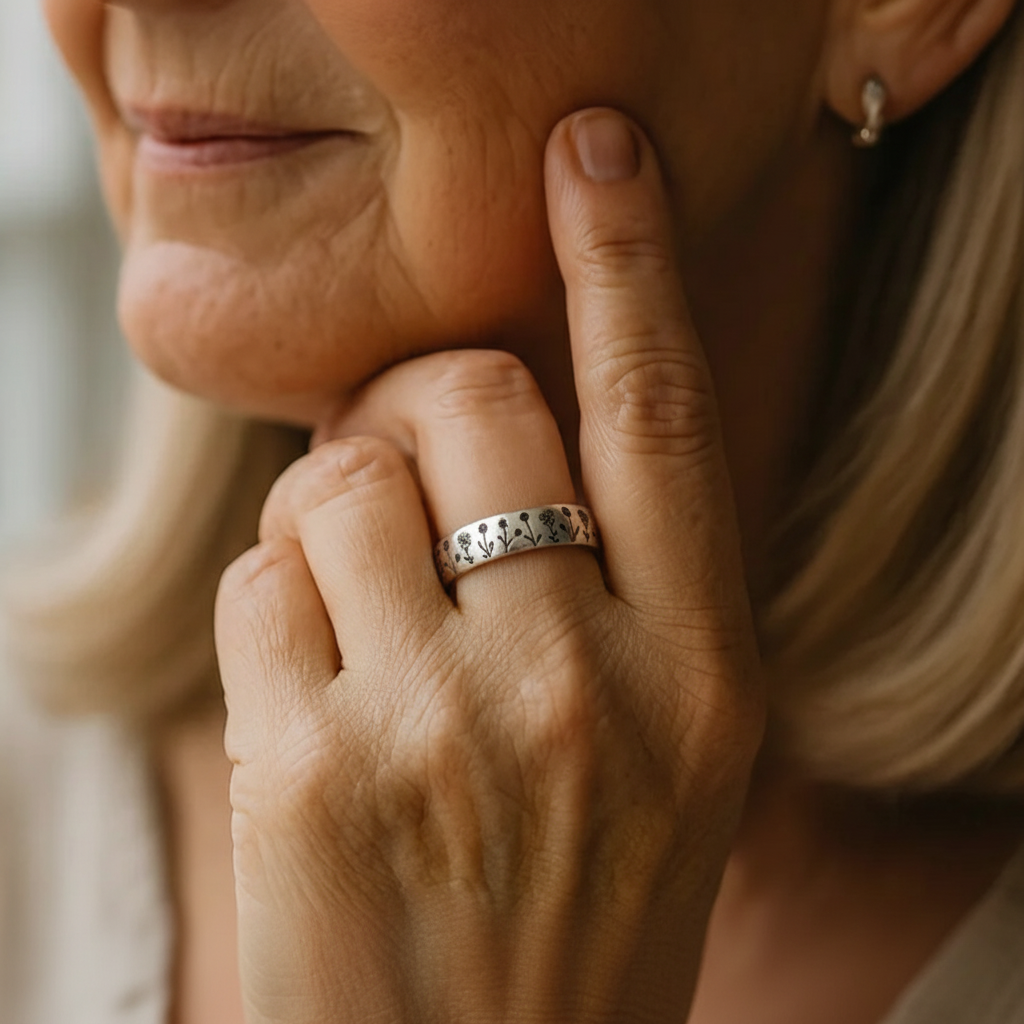 Silverfärgad ring med graverade blommotiv och text på insidan