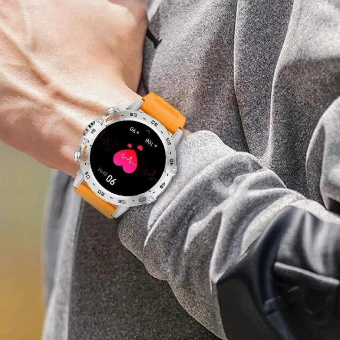 Smartklocka med rund digital display, robust boett och silikonarmband