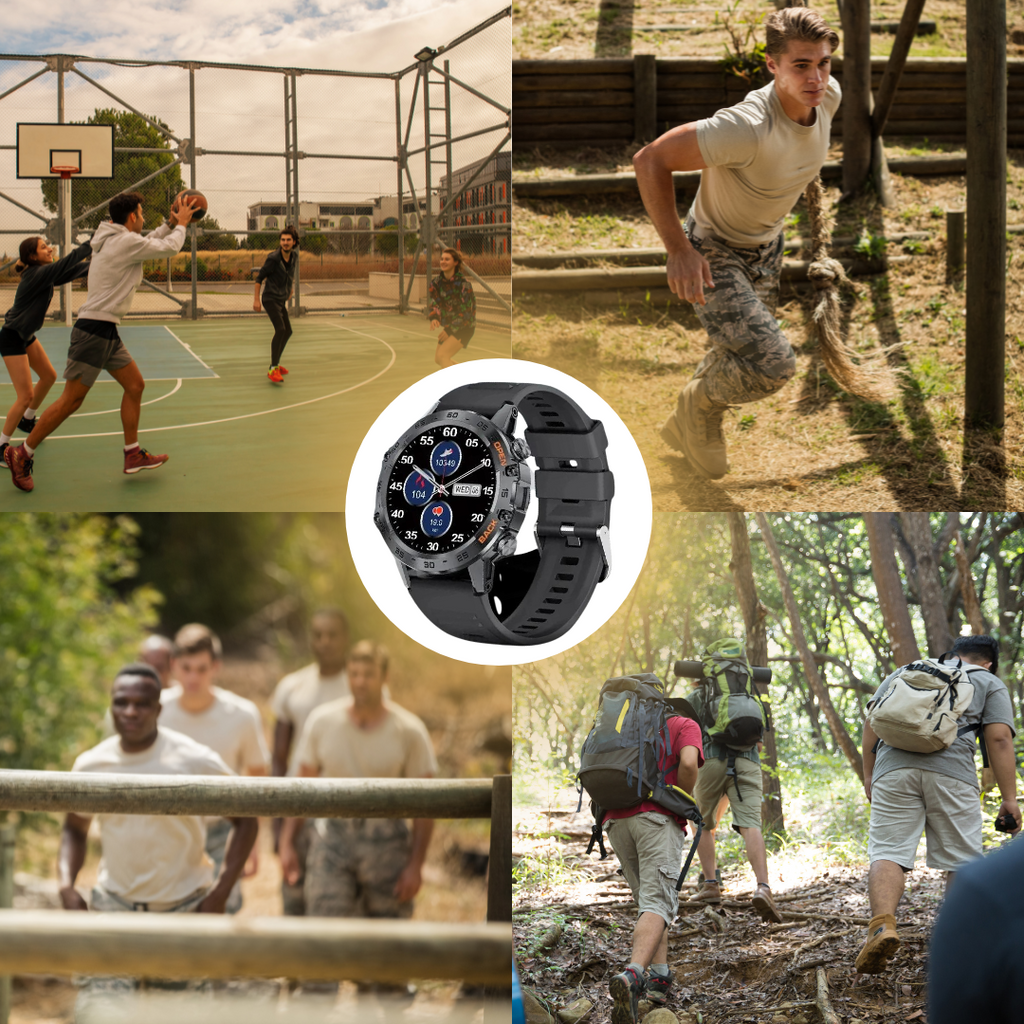 Smartklocka med rund digital display, robust boett och silikonarmband