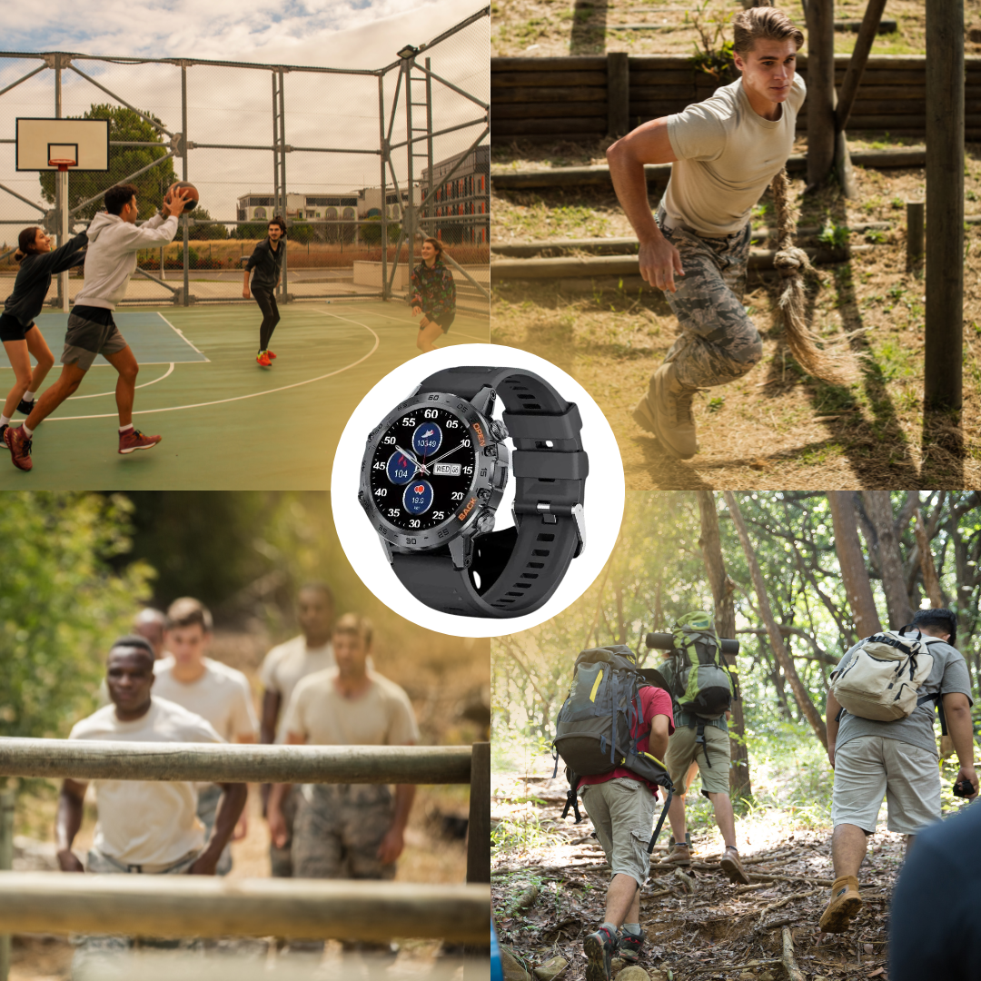 Smartklocka med rund digital display, robust boett och silikonarmband