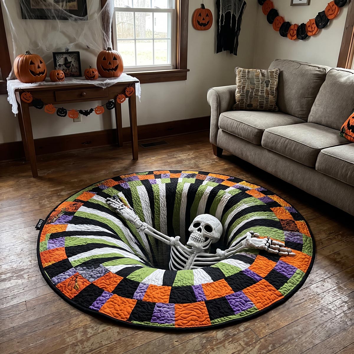 Rund quiltad matta med färgblock och skelettmotiv i Halloweenfärger