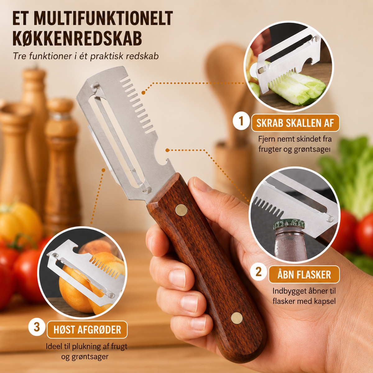 Två köksverktyg med metallblad och bruna handtag för skalning och skärning