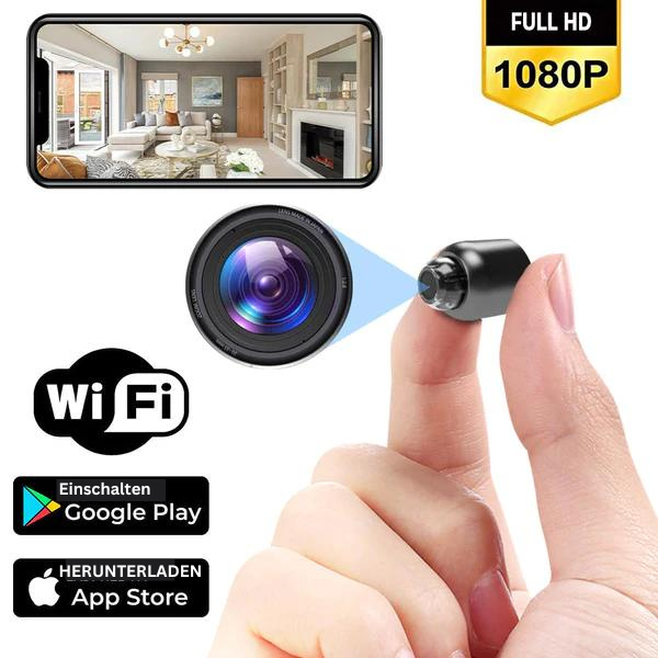 Kompakt svart Full HD-kamera med objektiv och wifi för barnövervakning
