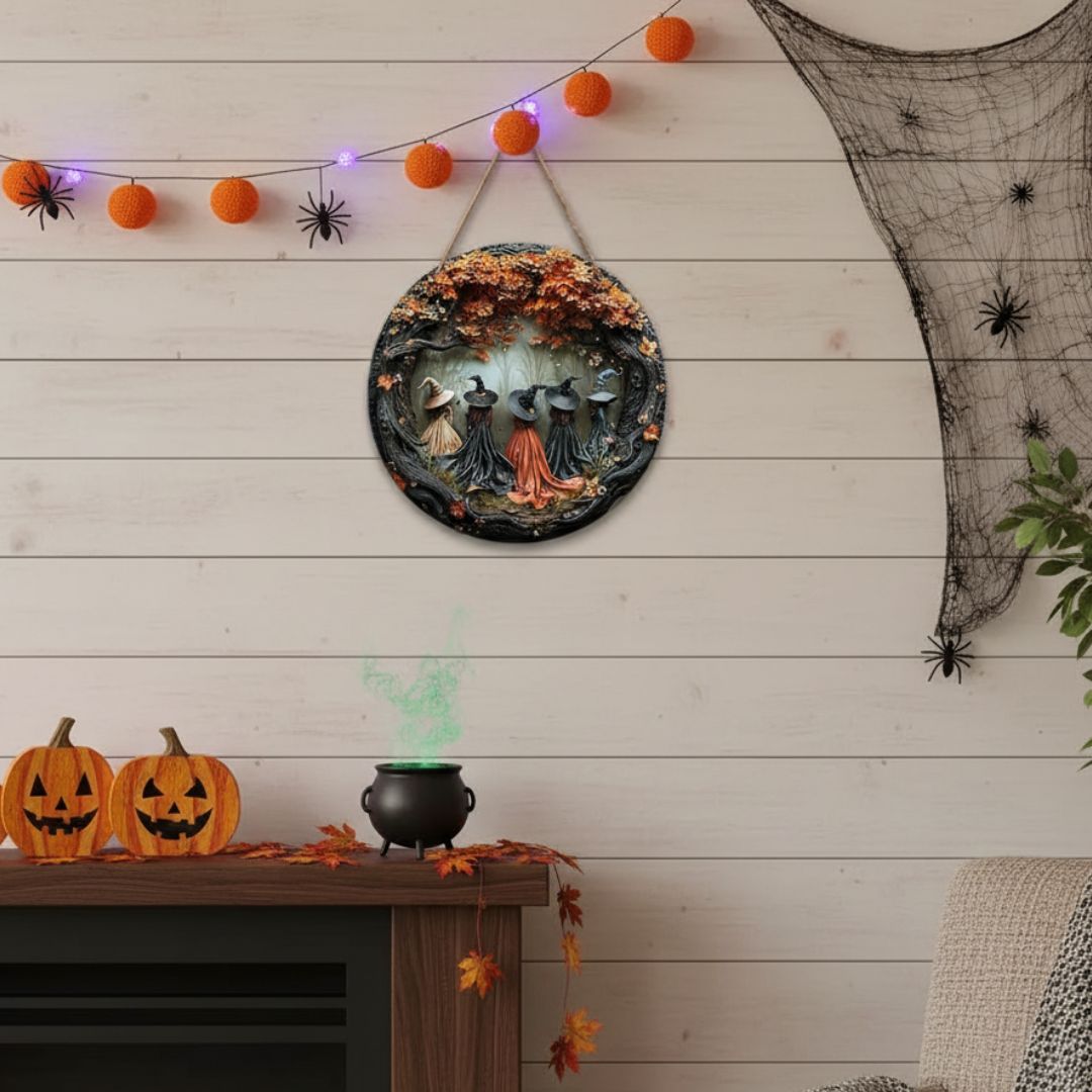 Rund hängande halloween-dekoration med fem häxor, höstlöv och rep