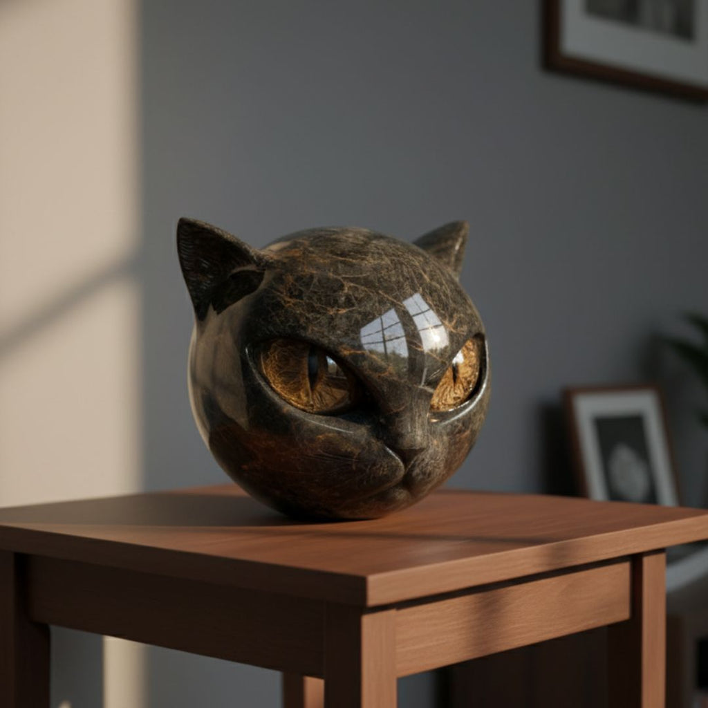 Rund dekorativ kattfigur i sten med spetsiga öron och färgade ögon