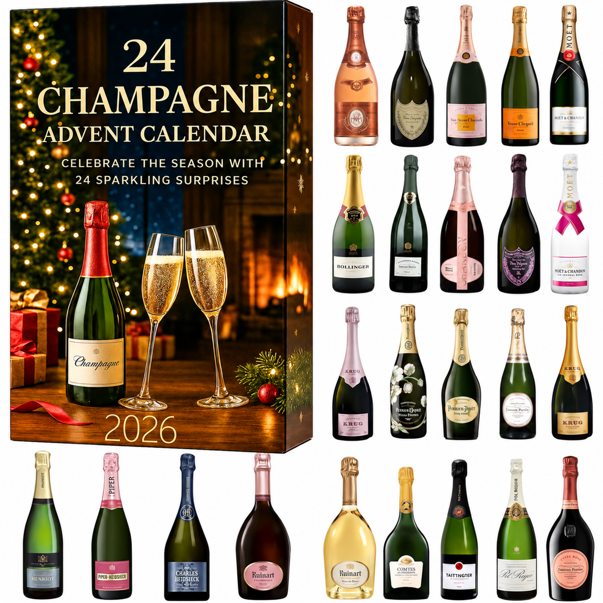 Svart champagneinspirerad adventskalender med 24 luckor och julmotiv