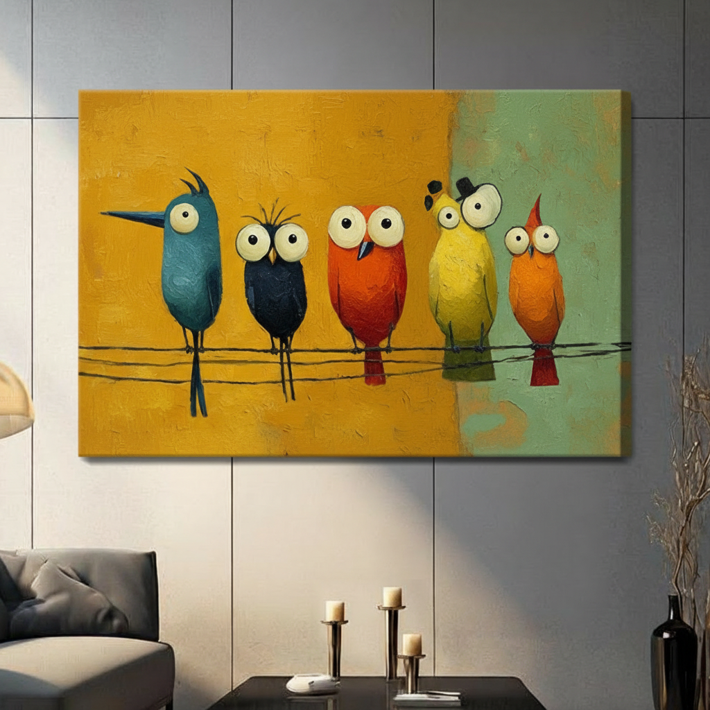 Färgglad canvastavla med fem illustrerade fåglar på trådar