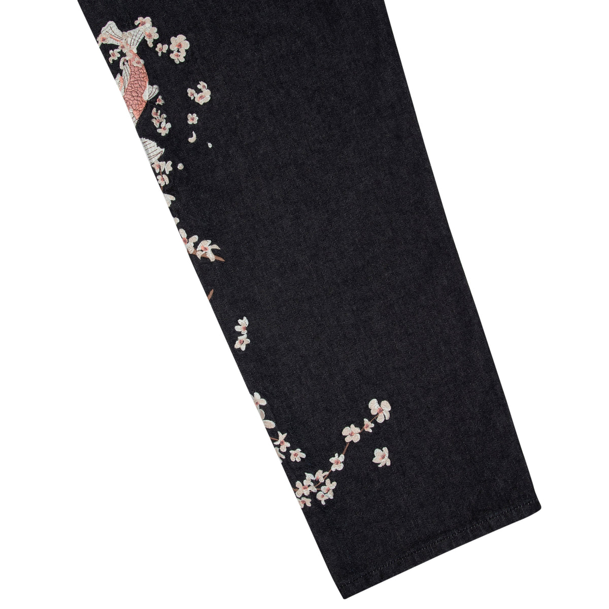 Svarta jeans med vida ben och blommiga fiskmotiv