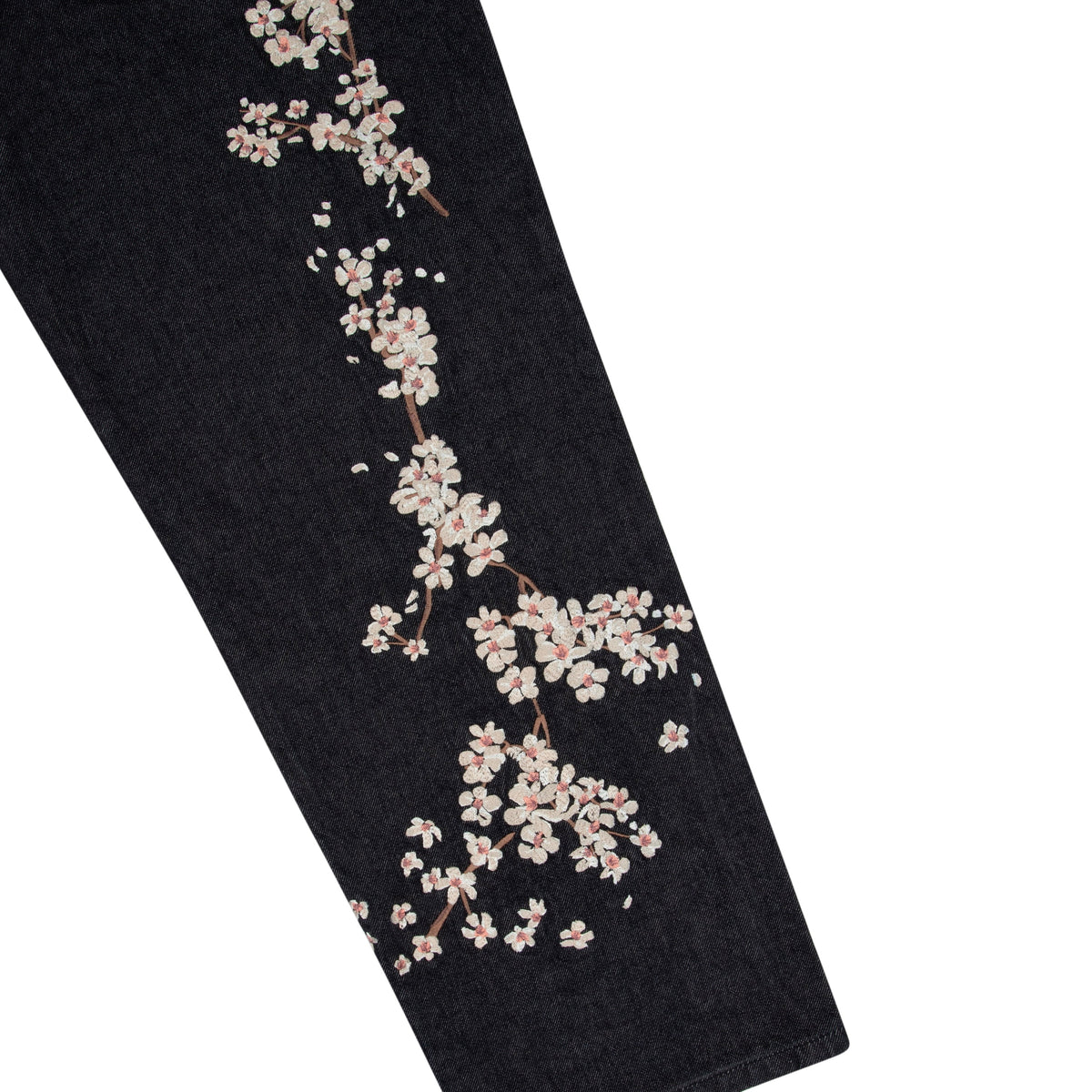 Svarta jeans med vida ben och blommiga fiskmotiv