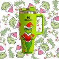Grön termosmugg med Grinchmotiv, handtag och lock