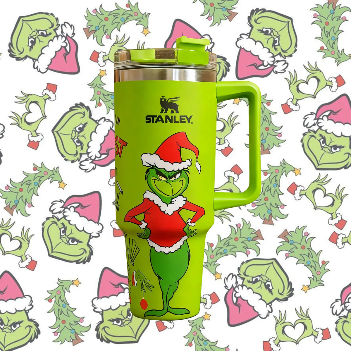Grön termosmugg med Grinchmotiv, handtag och lock
