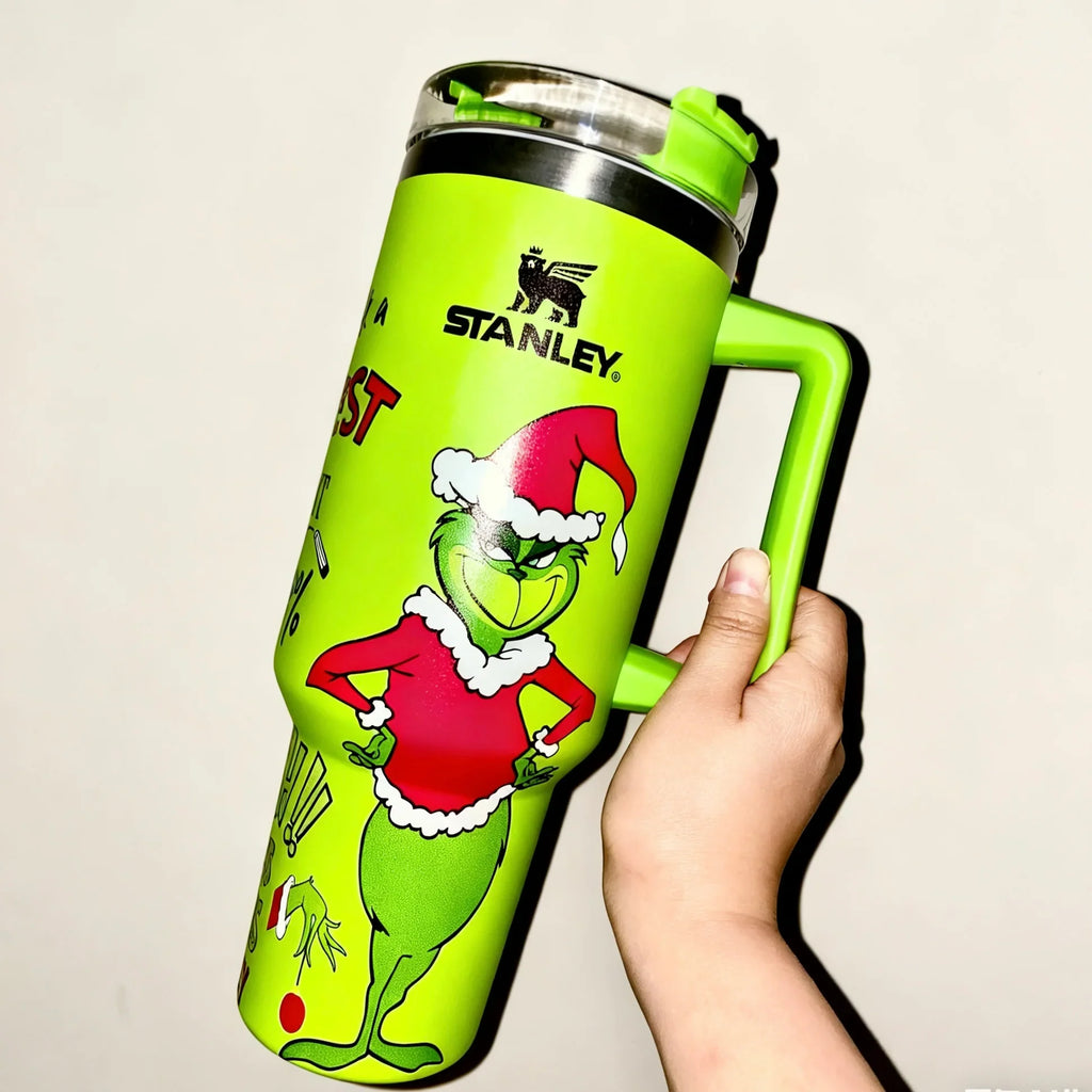 Grön termosmugg med Grinchmotiv, handtag och lock