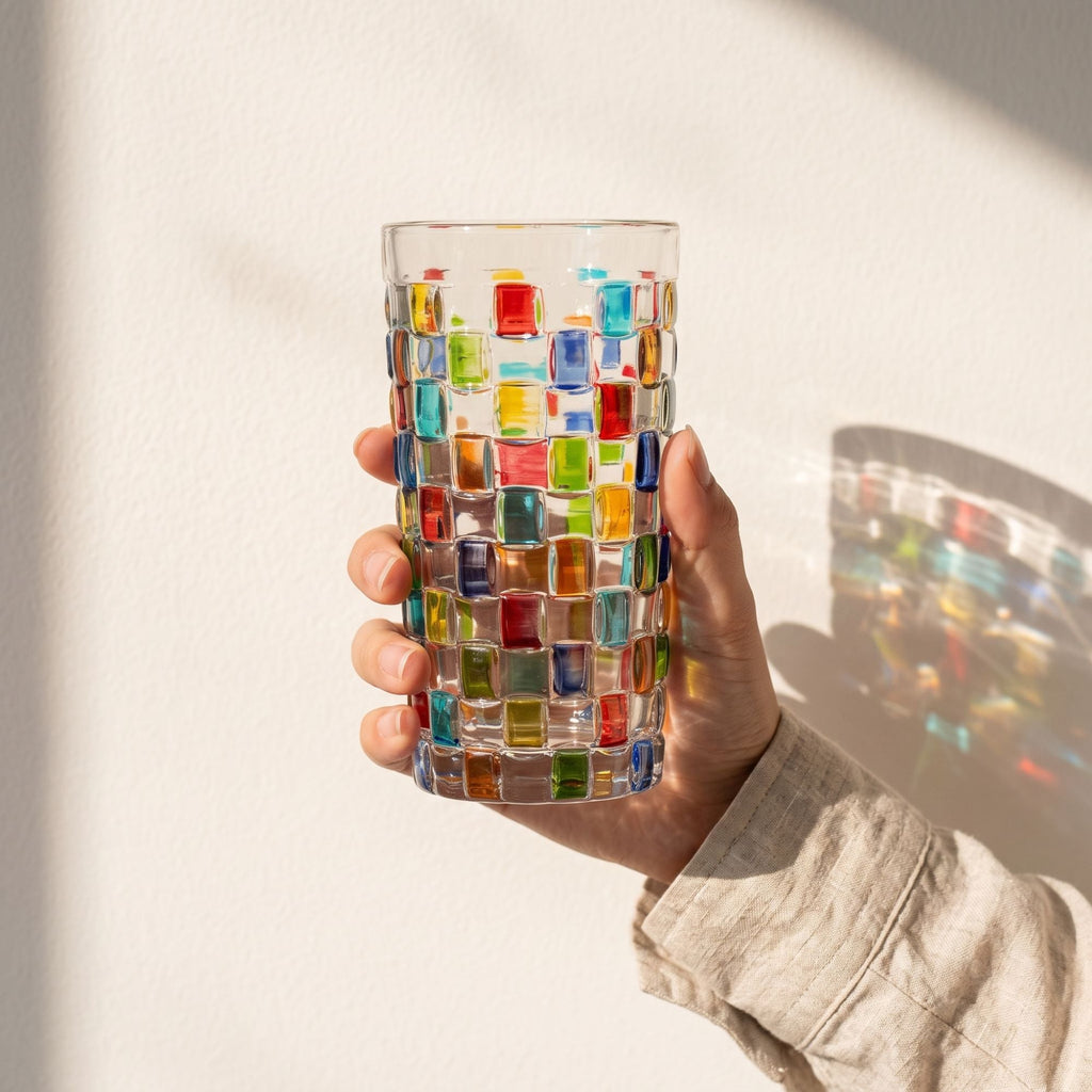 Färgglatt mosaikglas i klart glas för dryck