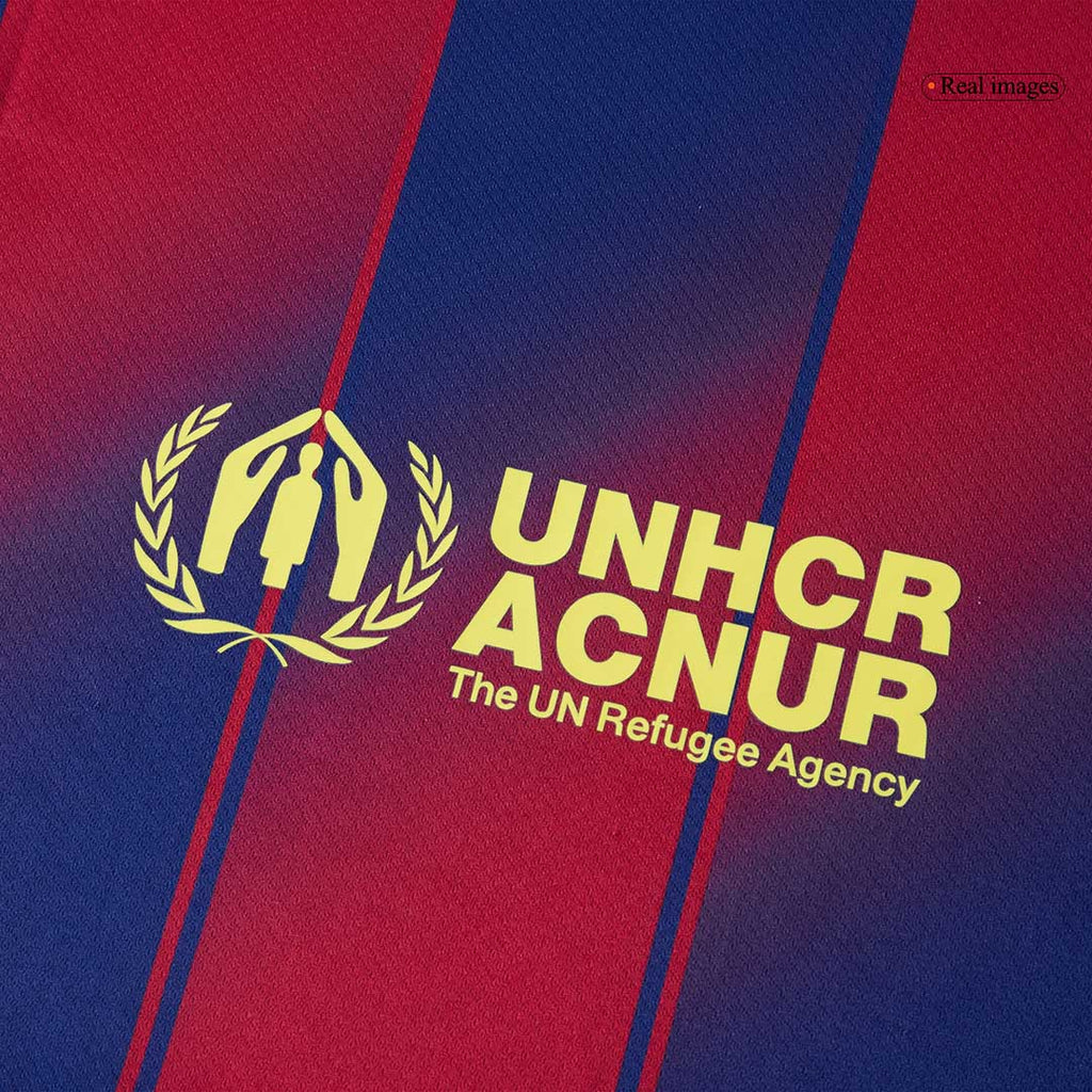 Blå och röd kortärmad Barcelona-fotbollströja med vertikala ränder