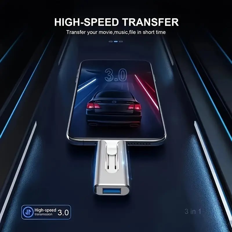Kompakt 4-i-1-USB-minne med flera anslutningar och separat svart skydd