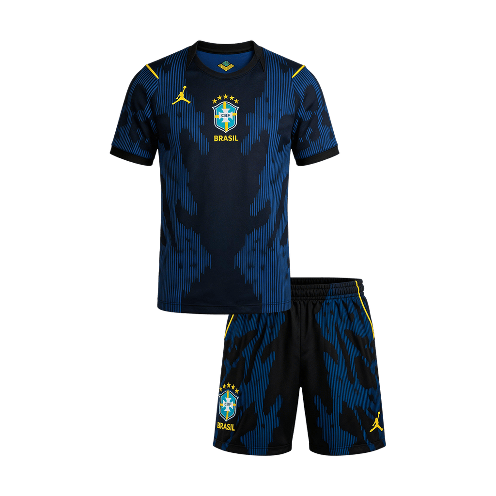 Marinblått brasilianskt fotbollsställ med tröja och shorts för juniorer