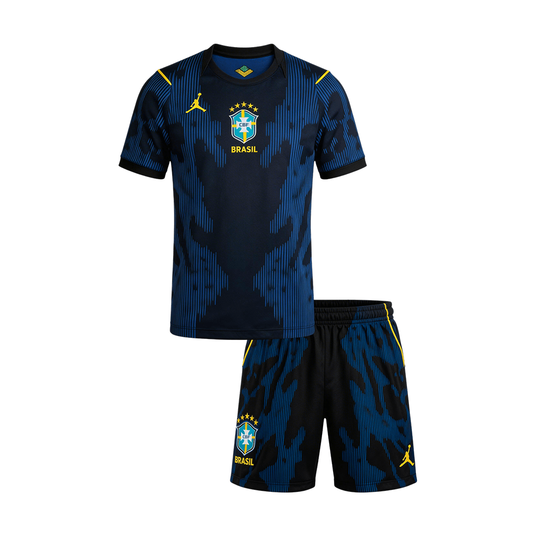Marinblått brasilianskt fotbollsställ med tröja och shorts för juniorer