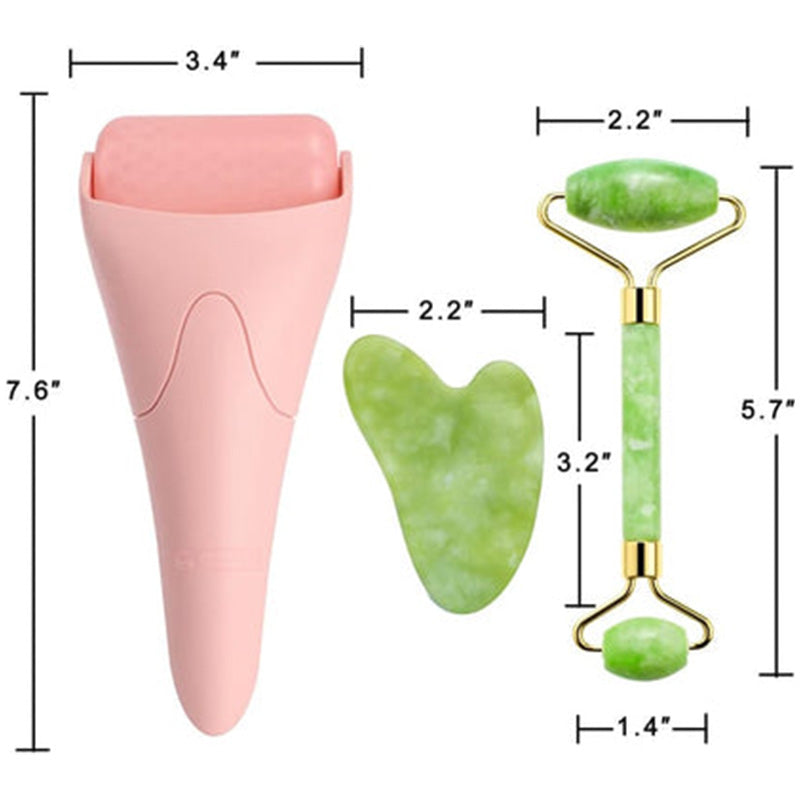 Ansiktsmassageverktyg med grön stenroller, gua sha-sten och rosa fodral