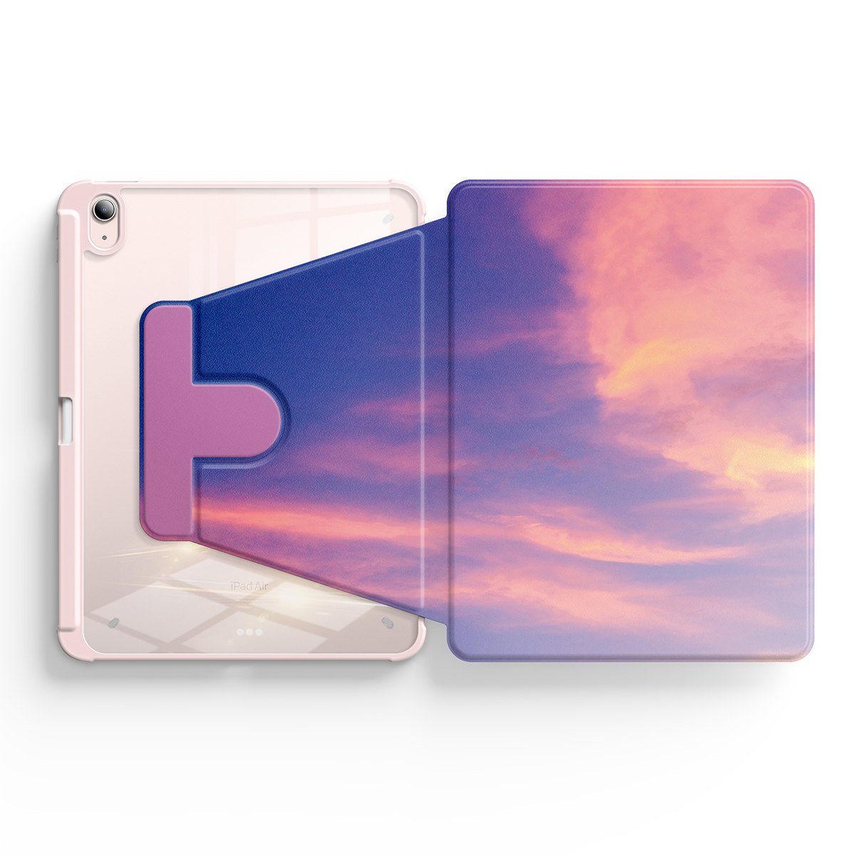 iPadfodral med transparent baksida och lila rosa molnmönster