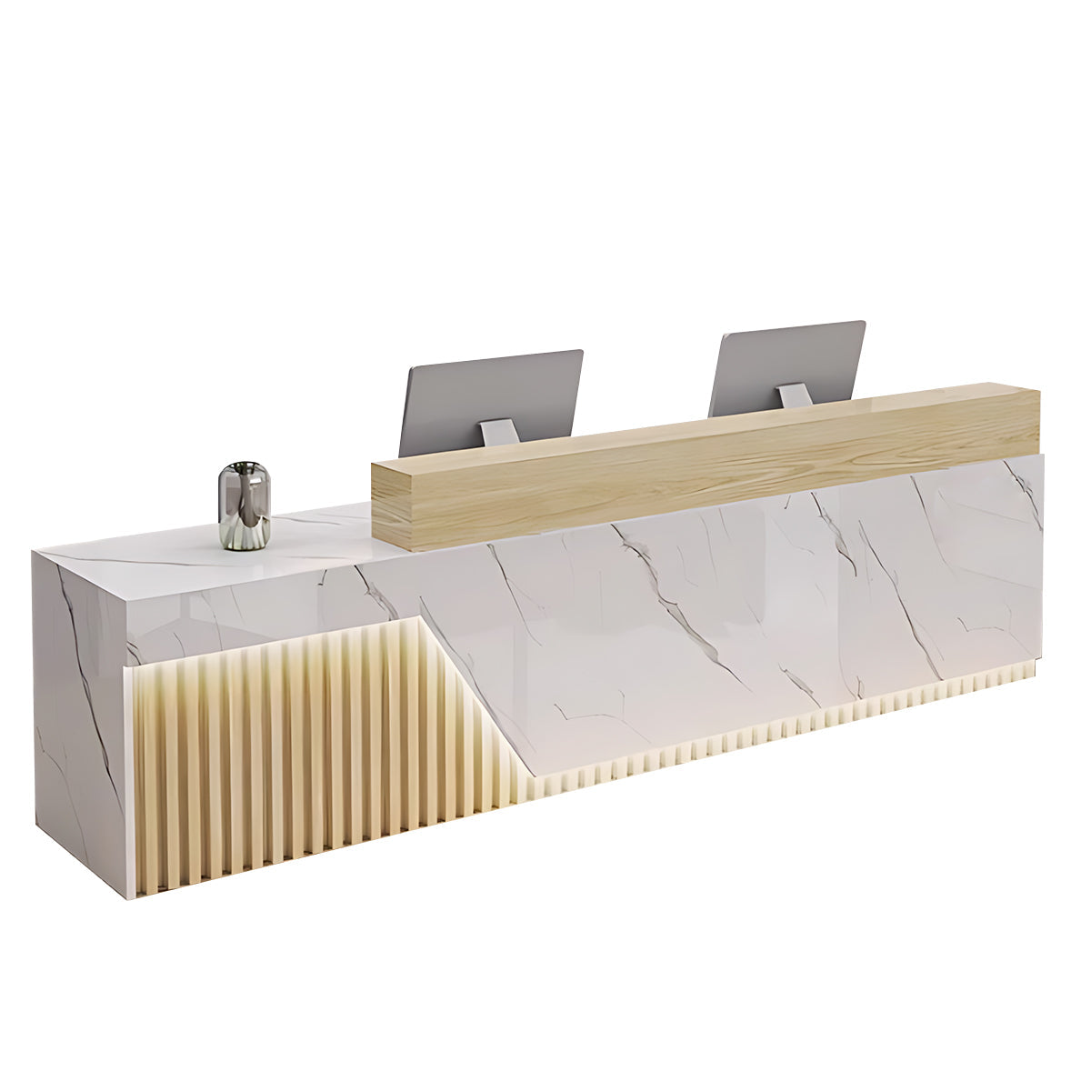 Bred receptiondisk med marmormönstrad front, LED-belysning och sekretesspaneler