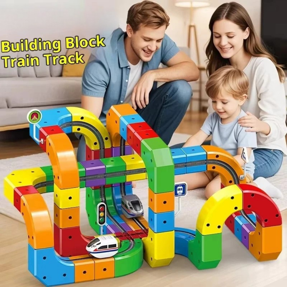 Magnetiskt byggset med färgglad kulbana, tåg, broar och vägskyltar