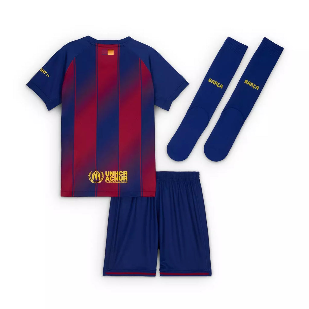 FC Barcelona-fotbollsställ för barn med blå och röd tröja, shorts och blå fotbollsstrumpor