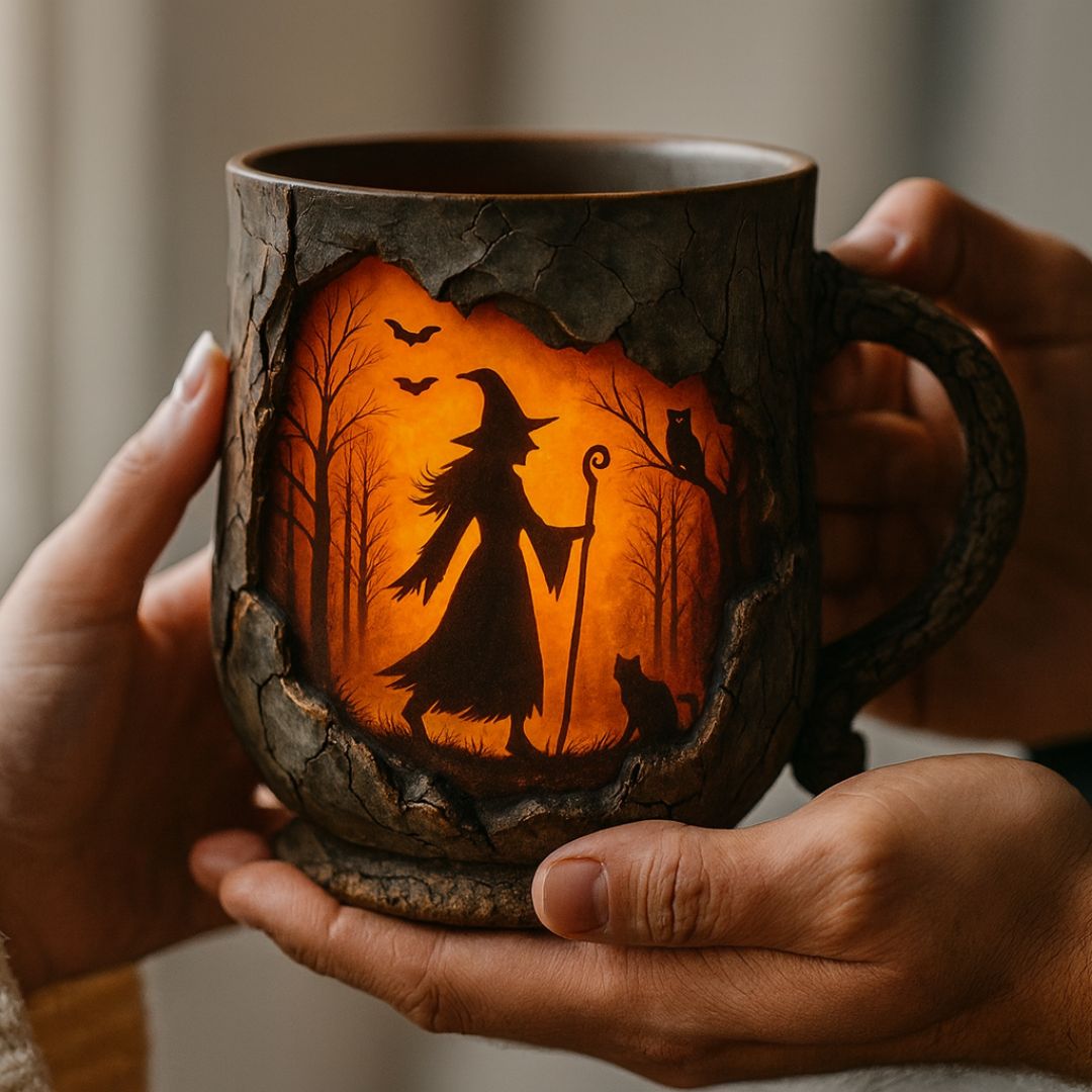 Halloweenmugg med häxmotiv, orange färgfält och grenliknande reliefdesign
