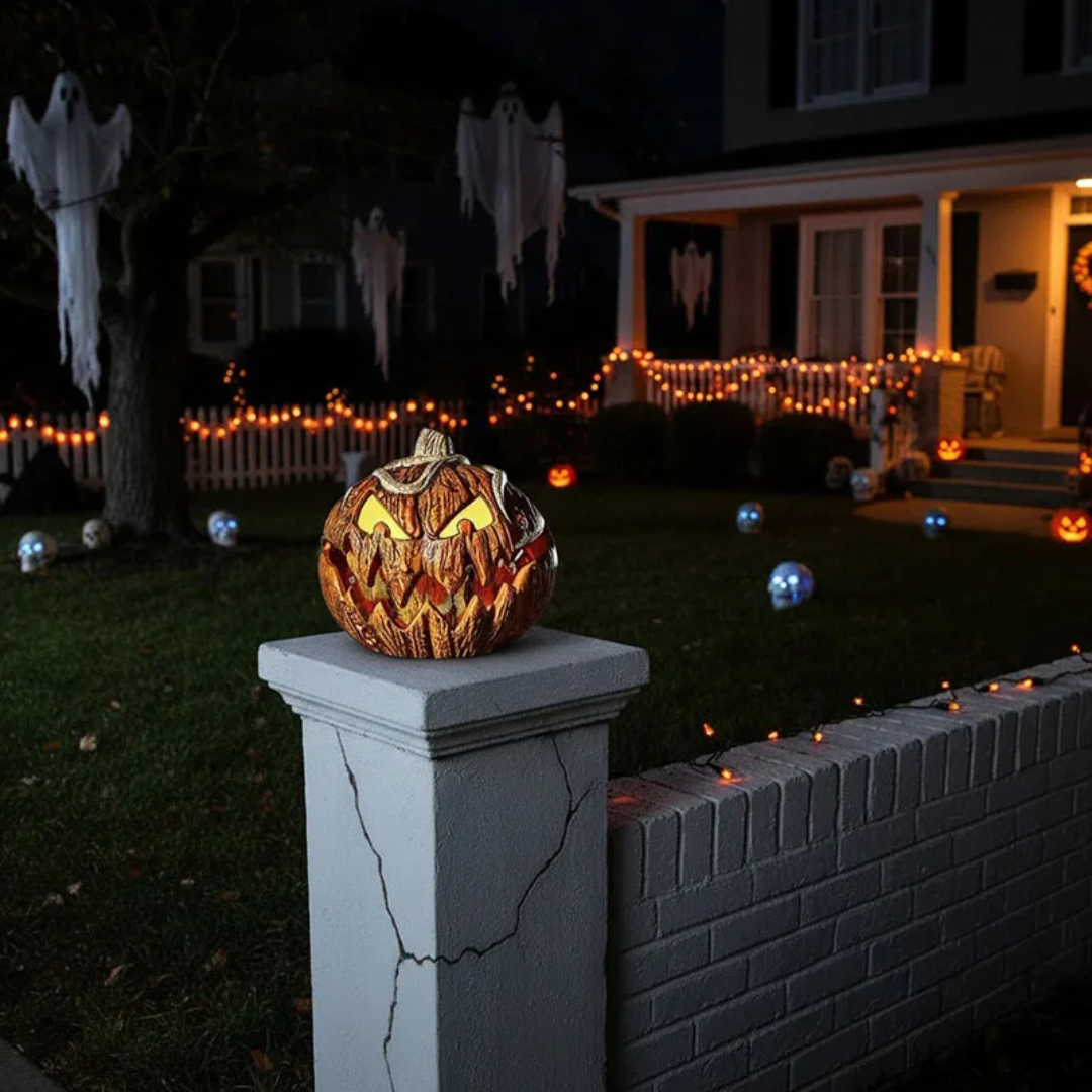 Halloweenpumpa med lysande jack-o-lantern-ansikte i brun och orange utformning