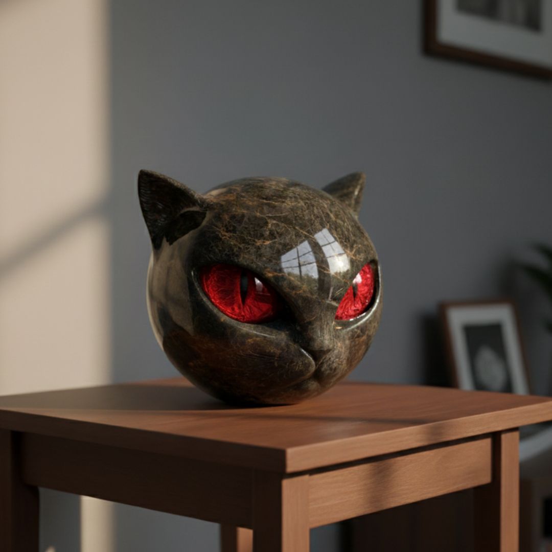 Rund dekorativ kattfigur i sten med spetsiga öron och färgade ögon
