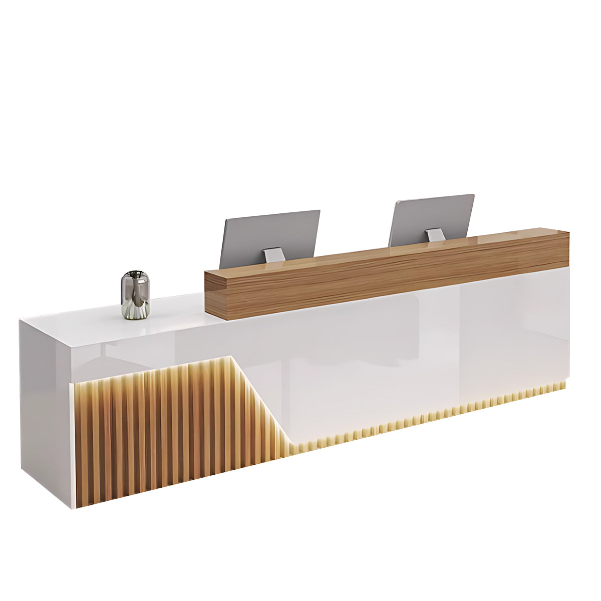 Bred receptiondisk med marmormönstrad front, LED-belysning och sekretesspaneler