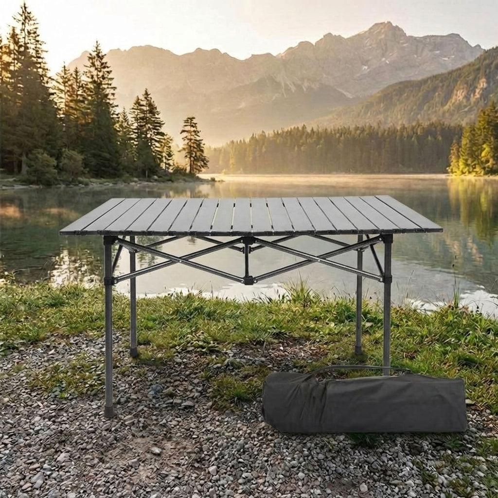 Hopfällbart grått campingbord med svart ram och bärväska