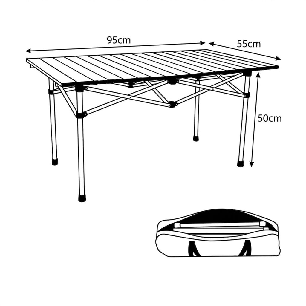 Hopfällbart grått campingbord med svart ram och bärväska