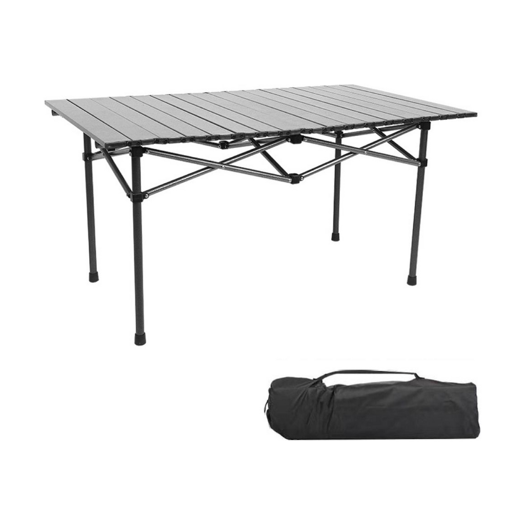 Hopfällbart grått campingbord med svart ram och bärväska