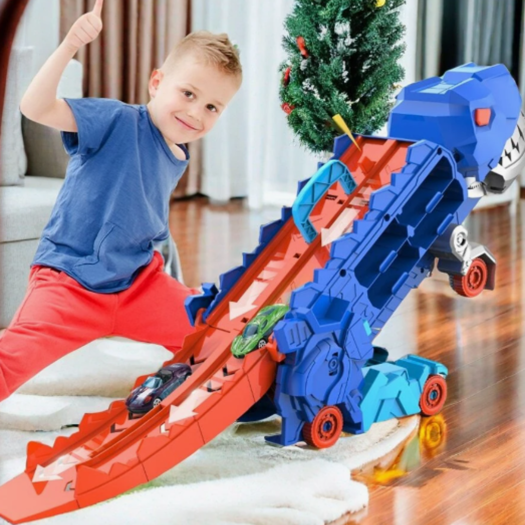 Blå dinosaurieformad leksaksbil med utfällbar orange bilbana och små leksaksbilar