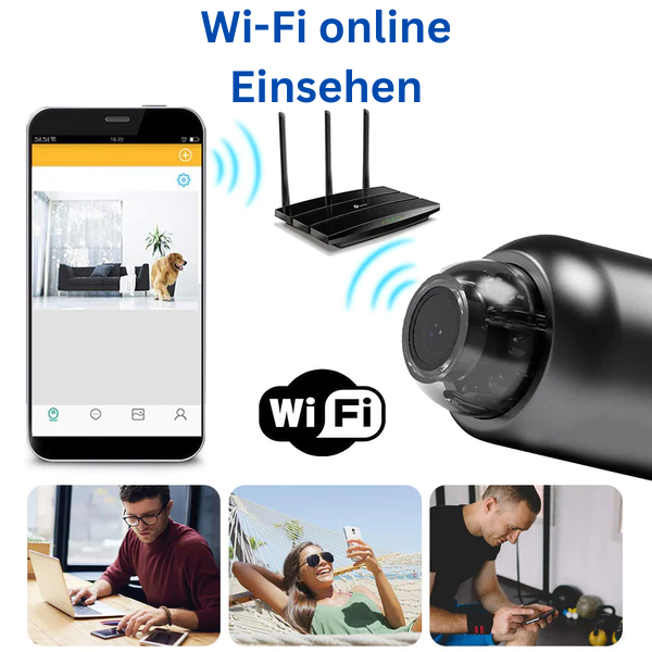 Kompakt svart Full HD-kamera med objektiv och wifi för barnövervakning