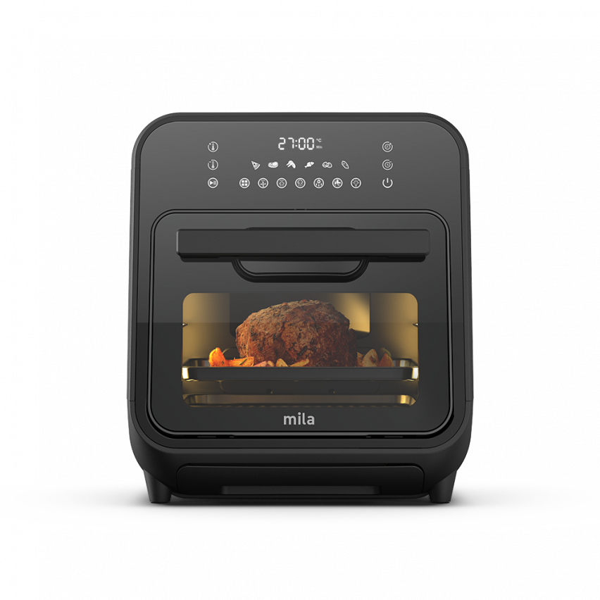 Svart ångfritös med frontlucka och digital kontrollpanel