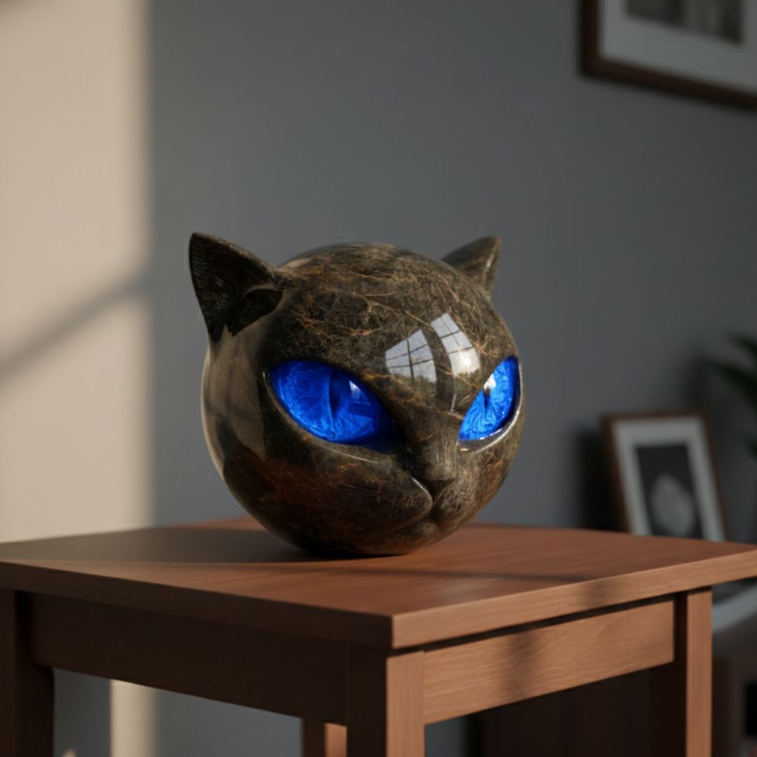 Rund dekorativ kattfigur i sten med spetsiga öron och färgade ögon
