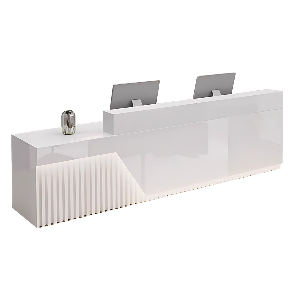 Bred receptiondisk med marmormönstrad front, LED-belysning och sekretesspaneler